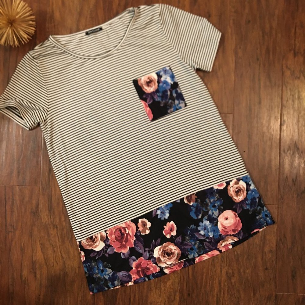 Pink Clover Striped Mixed Media Tee Shirt Size S